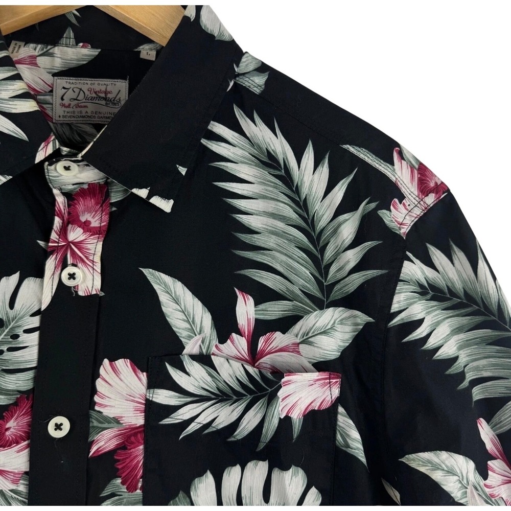 7 Diamonds Button Down Shirt Mens L Black Tropical Floral Monstera Short‎ Sleeve
